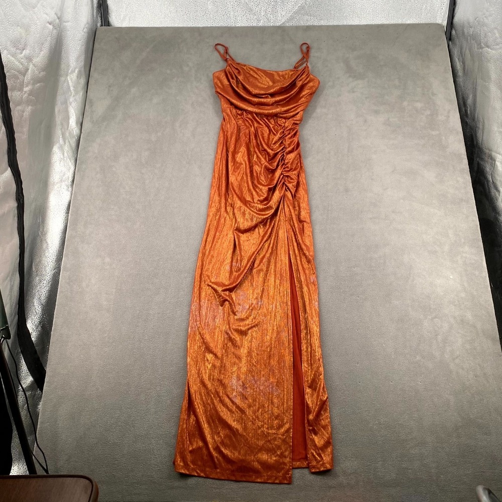 Social Couture Maxi Dress Womens 9/10 Metallic Orange Ruched Wedding Cowl Neck